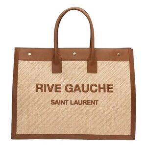 SAINT LAURENT Rive Gauche raffia and leather tote bag